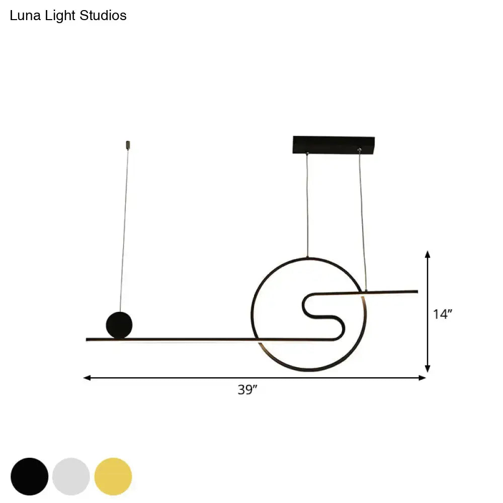 Modern black minimalist pendant island light with warm white light and abstract s-shaped design in black white gold finish