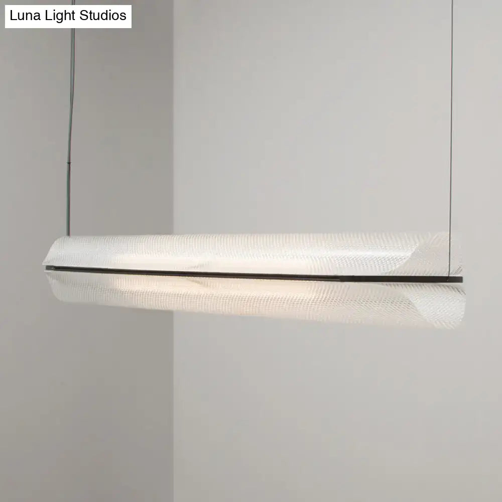 DecorBites minimalist hanging lamp with a clear acrylic pipe frame and translucent white textured glass shade