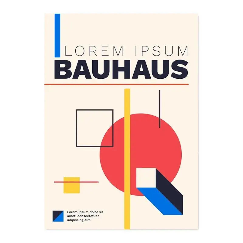 Beige bauhaus canvas print by decorbites featuring bold black text red circle and geometric shapes in blue yellow and black