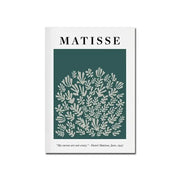 White-framed bauhaus canvas print featuring matisse cut-out design in light gray on teal background with artist name and quote