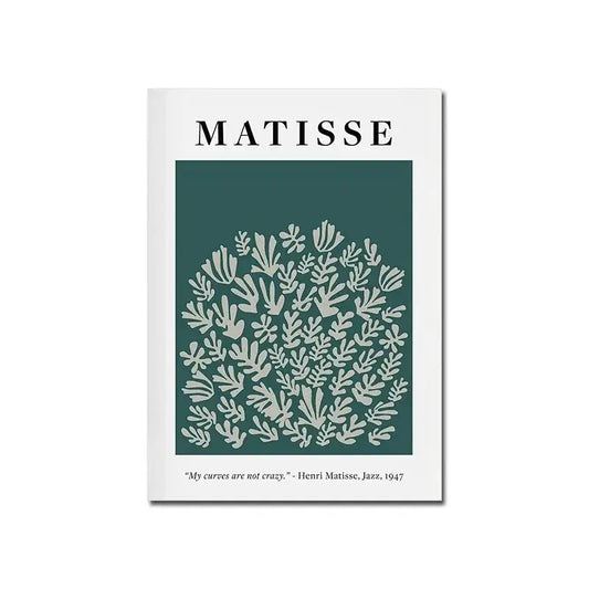 White-framed bauhaus canvas print featuring matisse cut-out design in light gray on teal background with artist name and quote