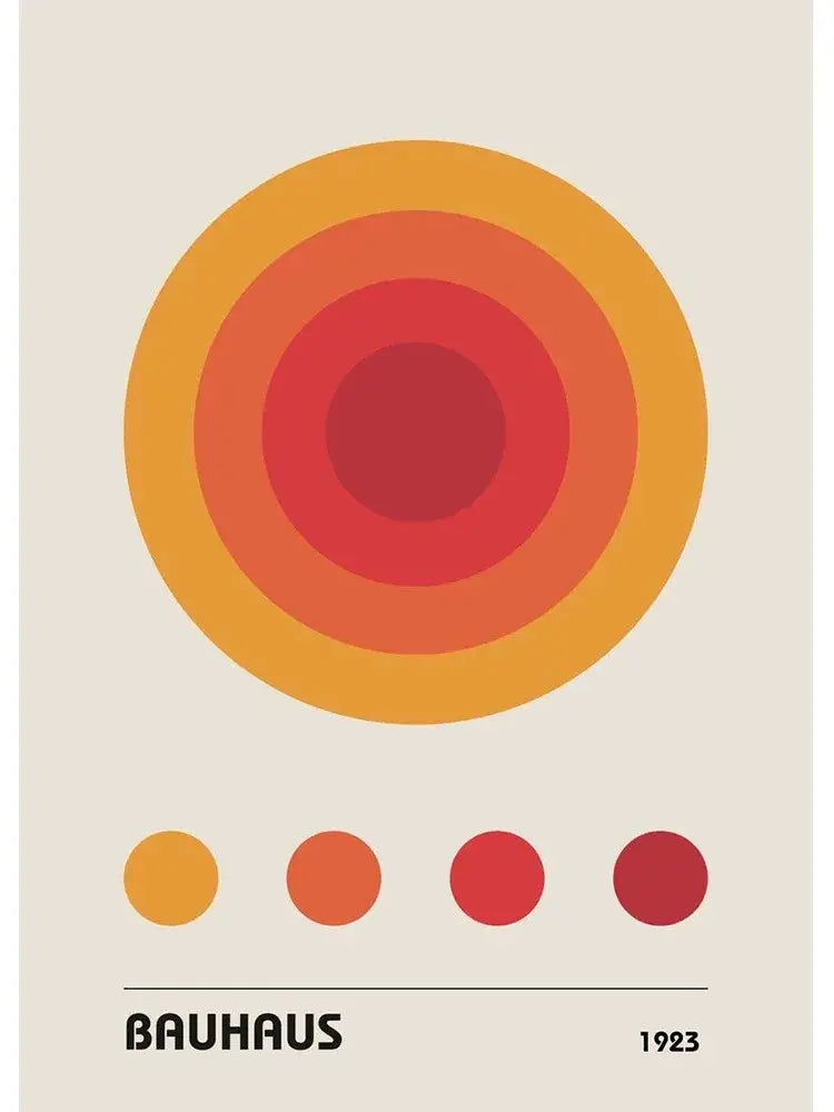 Decorbites™ minimalist bauhaus canvas print featuring concentric warm orange and red circles with color swatch below