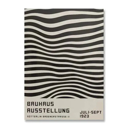 Minimalist black and white wall art canvas featuring wavy striped bauhaus poster design for white wall art decor