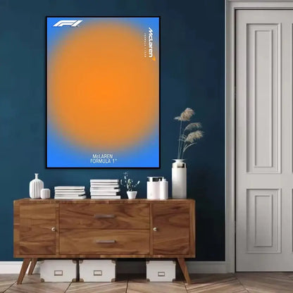 A framed mclaren formula 1 minimalist formula canvas wall art with vibrant orange blue gradient and official f1 logo