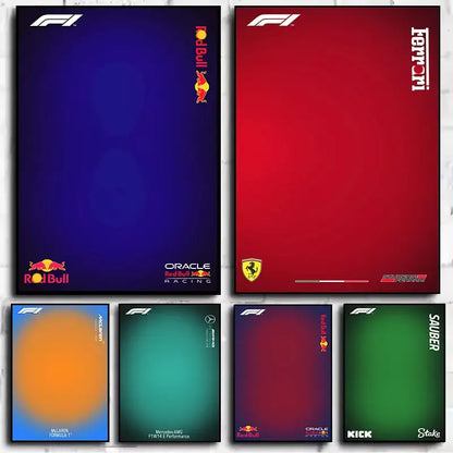 Set of six minimalist formula 1 canvas wall art notepads with vibrant gradient backgrounds and official sponsor logos