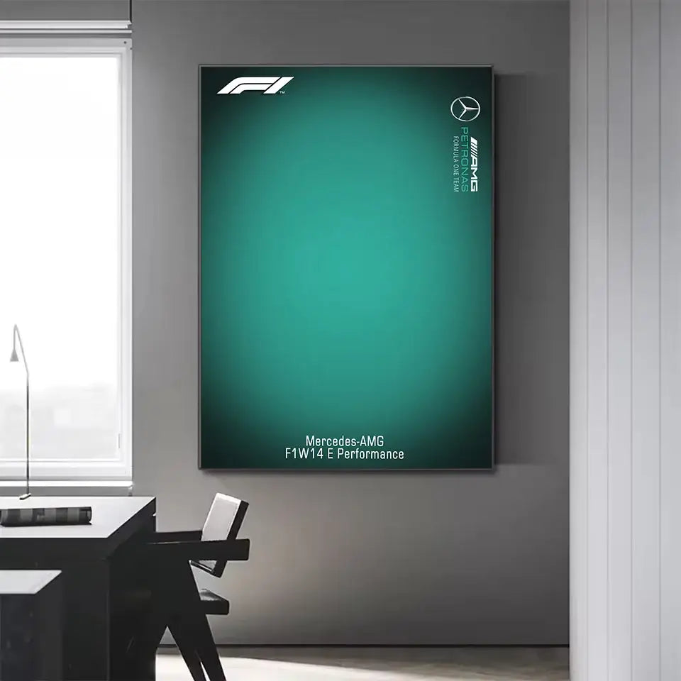 A sleek green framed minimalist formula 1 canvas wall art featuring the F1 logo and Mercedes-AMG F1 W14 E Performance car