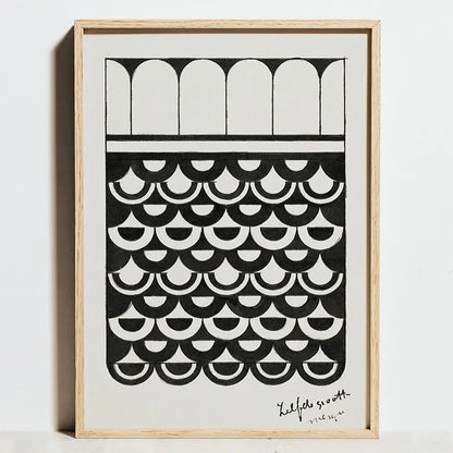 DecorBites minimalist geometric bauhaus art print in black and white with arches and scalloped shapes framed in light wood