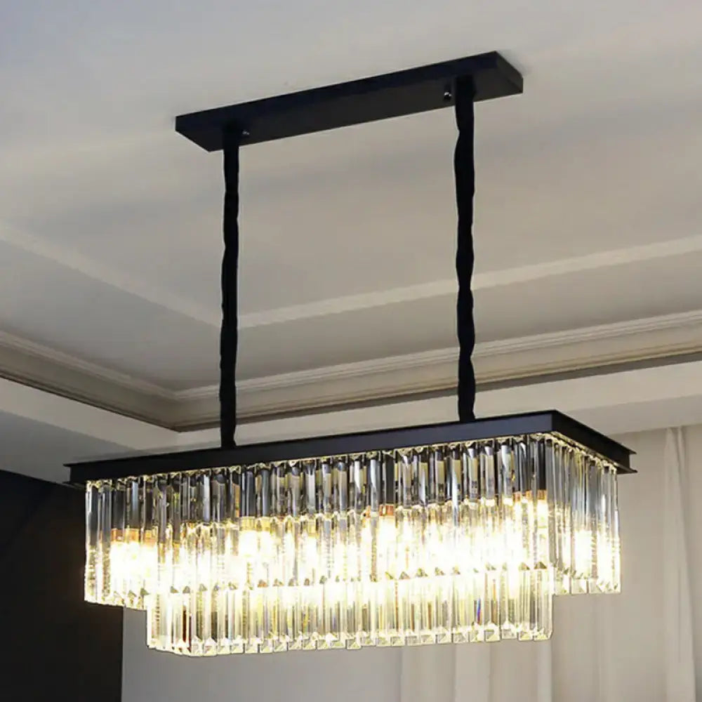 DecorBites™ minimalist prismatic crystal pendant light with black rectangular frame and cascading clear prisms