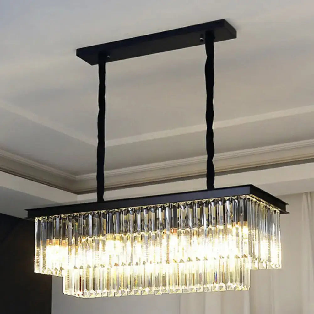 Black rectangular minimalist prismatic crystal pendant light with cascading clear crystal rods for restaurant use