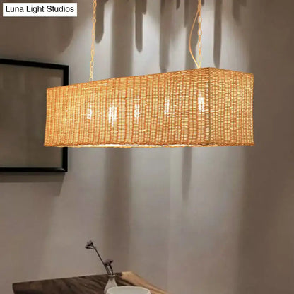 DecorBites minimalist rectangular rattan restaurant hanging lamp with natural tan weave and gold-toned chains suspension