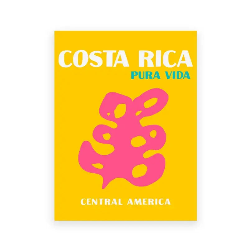 Vibrant yellow minimalist travel poster with bold white teal text and pink design from decorbites art prints set