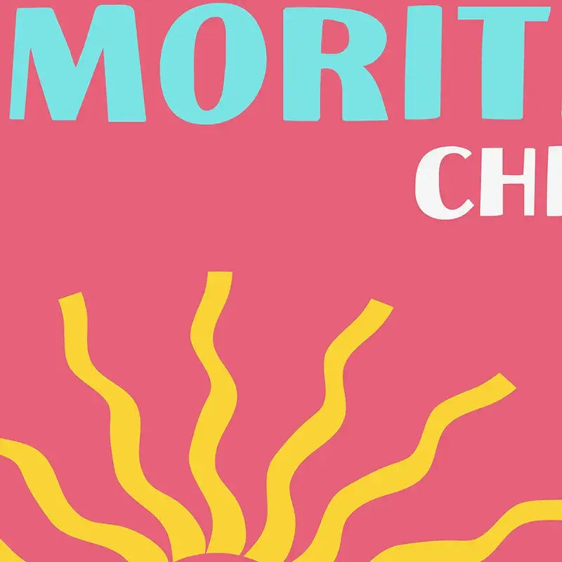 A vibrant pink minimalist travel poster with bold turquoise and white text and yellow wavy coral-like lines decorbites art prints