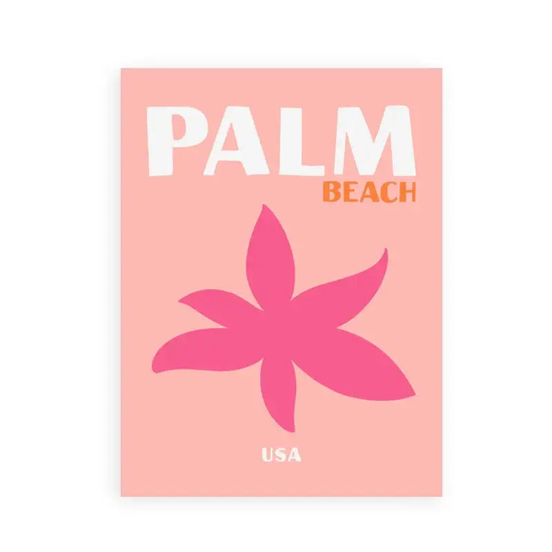 A pink minimalist travel poster from decorbites featuring bold white and orange palm beach text and a magenta starfish graphic