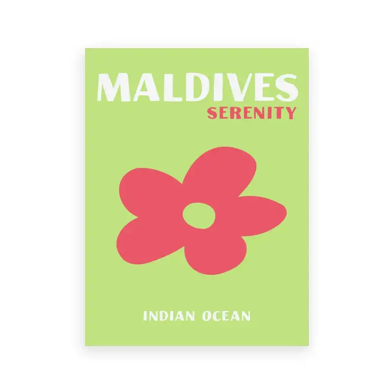DecorBites™ minimalist travel posters art prints featuring a vibrant lime green maldives serenity design with pink flower