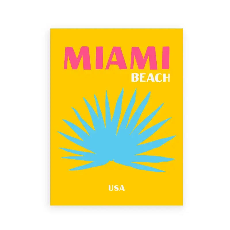 Decorbites™ minimalist travel posters art print featuring vibrant yellow miami beach text with blue palm frond design