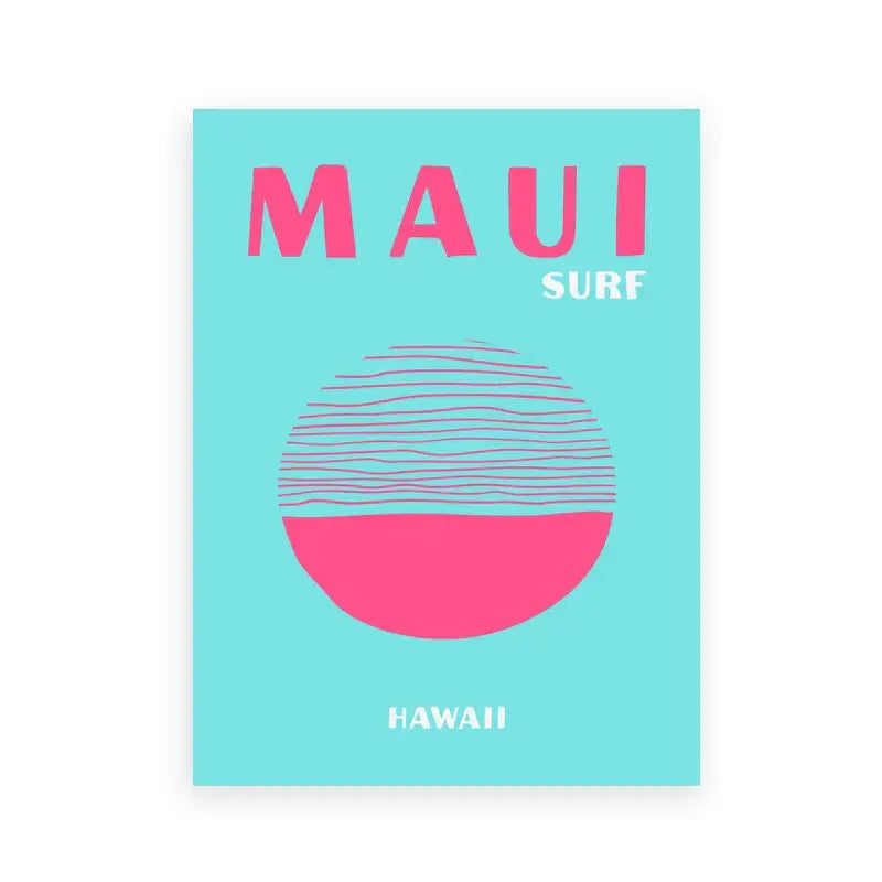 DecorBites minimalist travel posters featuring vibrant turquoise and pink maui surf art prints for living room decor