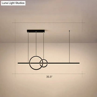 Black minimalist acrylic LED ceiling light with sleek circular rings and horizontal bar for modern dining rooms