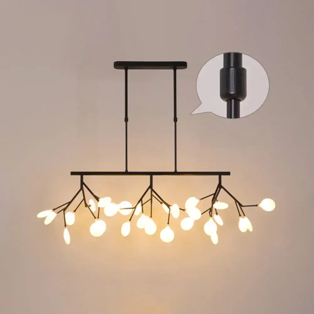 Black metal branch-style acrylic twig ceiling pendant light with frosted glass globe bulbs for dining room use