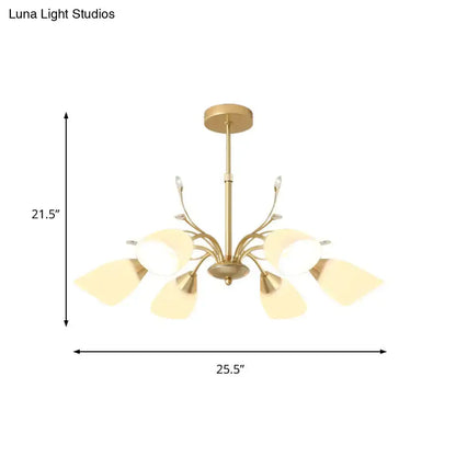 DecorBites modern gold hanging chandelier with five frosted white glass shades and delicate branching arms