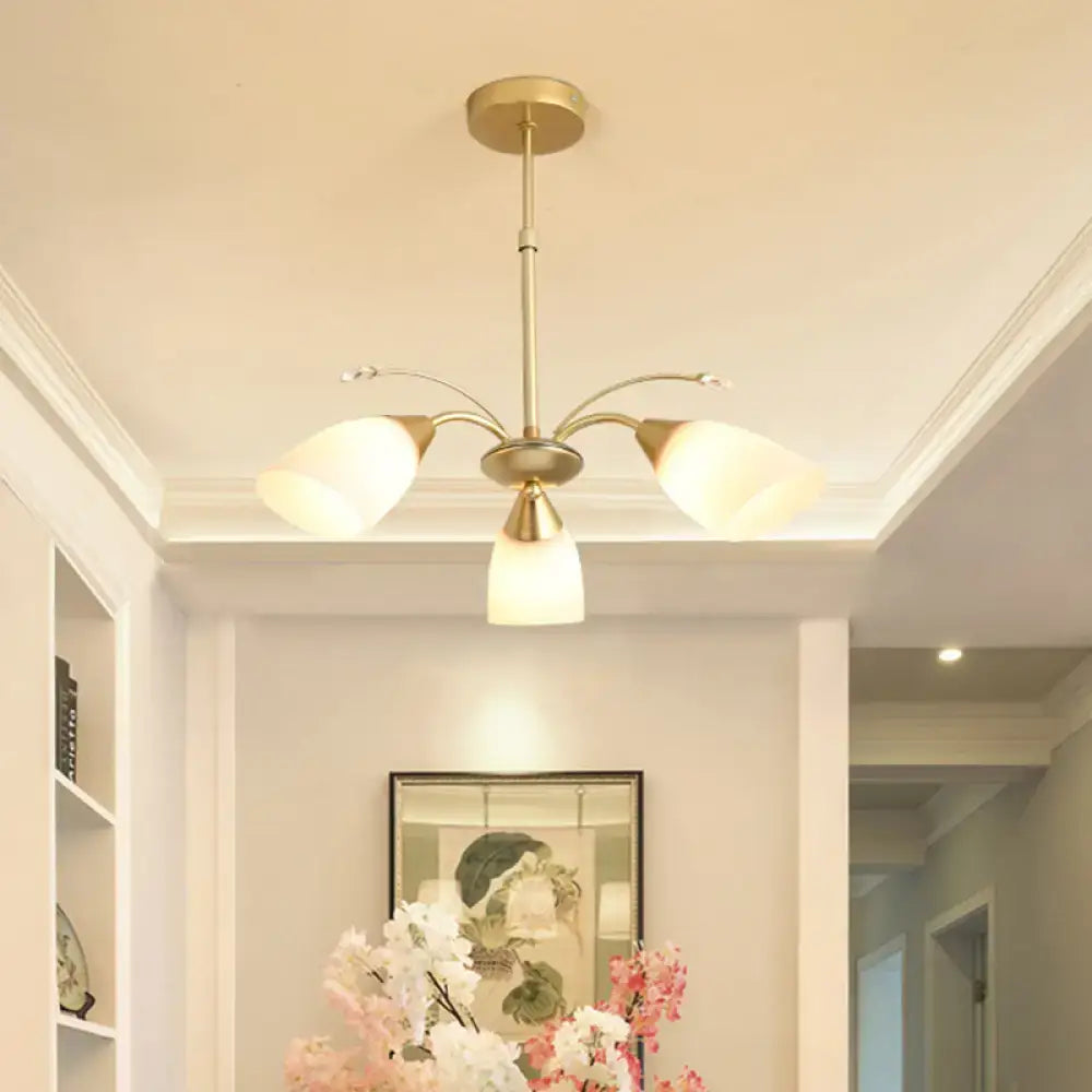 Decorbites modern gold-toned three-arm ceiling light with frosted white glass shade for elegant lighting