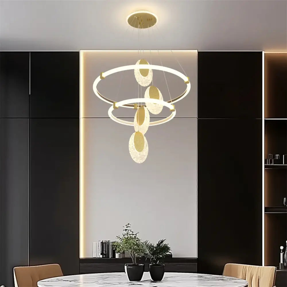 DecorBites™ modern 3-layer led chandelier pendant light with gold-toned circular led rings and acrylic accents