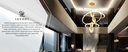 DecorBites modern 3-layer led chandelier pendant light with gold-toned circular led rings and embedded acrylic accents