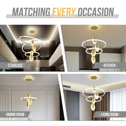 DecorBites modern 3-layer led chandelier pendant light with gold-toned circular led rings and acrylic accents