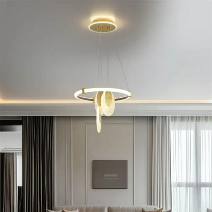 DecorBites™ modern gold-toned 3-layer LED chandelier pendant light with glowing circular LED rings and acrylic accents