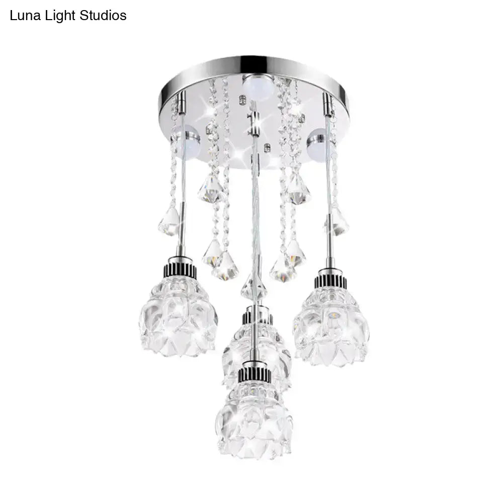 DecorBites modern 4-head pendant light with chrome finish crystal shades and clear crystals for 220v-240v 110v-120v use