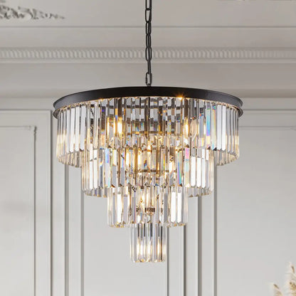 Elegant decorbites™ modern 4-tier black crystal chandelier with a black metal frame and cascading clear glass prisms