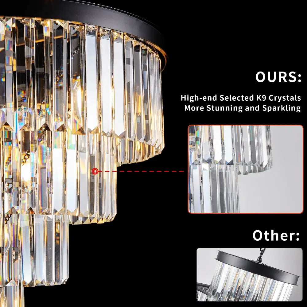 Elegant DecorBites™ modern 4-tier black crystal chandelier with cascading clear k9 crystals and black metal frame