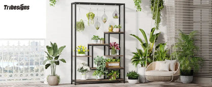 Decorbites™ modern 5-tier tall black metal plant stand with multiple shelves and hanging hooks displaying potted plants