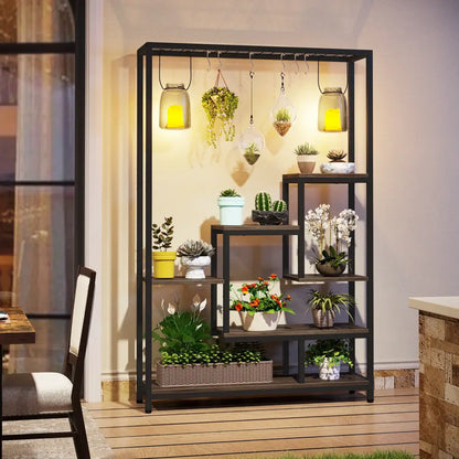 Black metal plant stand with five tiers and hanging lanterns decorbites modern tall metal plant shelf for indoor use