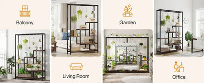 DecorBites modern black metal plant stand with five shelves and hanging plant hooks for indoor display