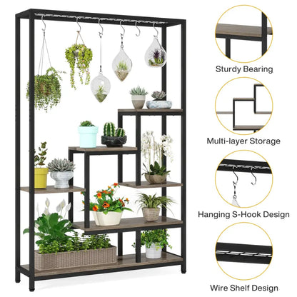 Decorbites modern 5-tier tall metal plant stand with black metal frame wood-toned shelves hanging hooks and wire shelves