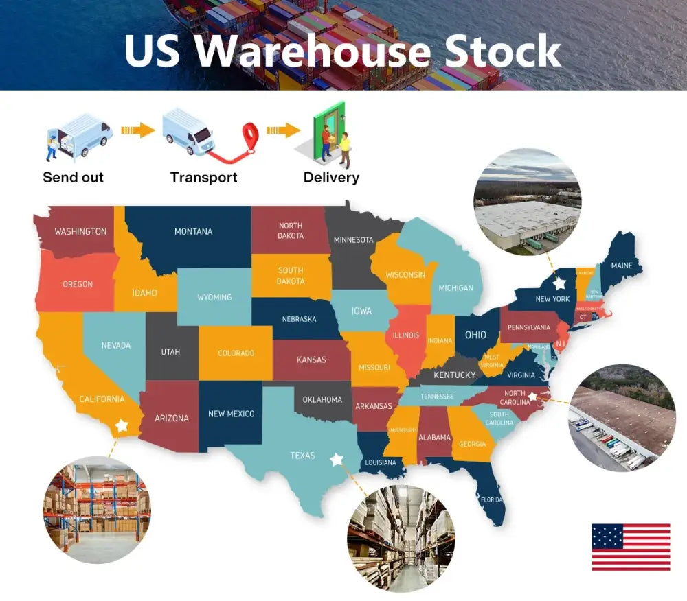 Colorful map of the united states showing warehouse stock locations for decorbites™ modern 5-tier tall metal plant stand