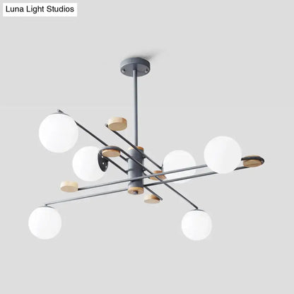 Decorbites modern 6-head chandelier with matte gray metal frame wooden accents and frosted glass shades for living room