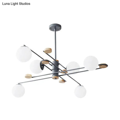 DecorBites modern 6-head black grey chandelier with matte black metal arms wooden accents and frosted glass shade for living room