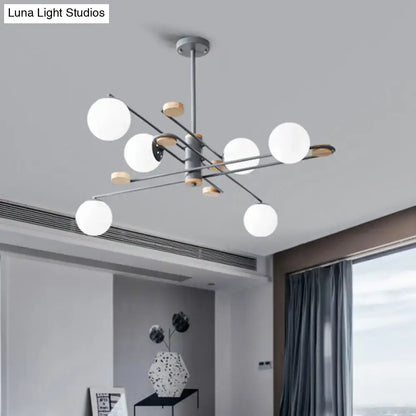 DecorBites™ modern 6-head black grey chandelier with frosted glass shades and light wood accents for living room lighting