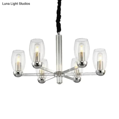 DecorBites™ modern chrome chandelier with six clear glass shades and exposed filament bulbs for ceiling pendant lighting