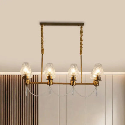 Brass-finished ceiling light DecorBites™ modern 8-light pendant with frosted glass shades and crystal teardrops
