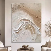 Beige and white textured abstract canvas painting with layered flowing brushstrokes ideal for aesthetic room decoration thickness
