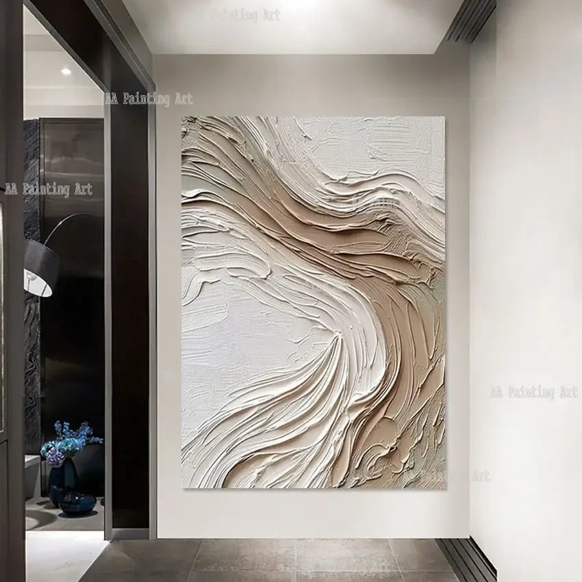 Abstract textured canvas painting from decorbites™ with flowing beige brushstrokes for aesthetic room decoration thickness