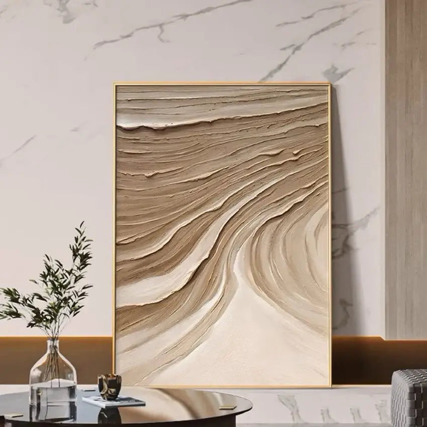 Decorbites™ modern abstract 3d acrylic wall art with flowing beige cream layers and gold frame for aesthetic room decoration