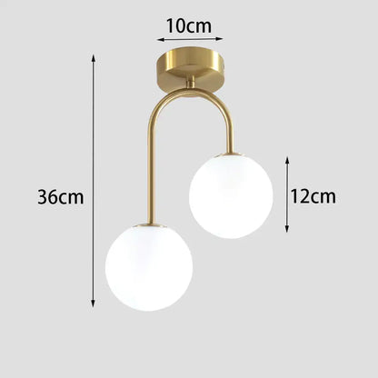 DecorBites modern ceiling light with brass finish and two white acrylic ball globes for home lighting
