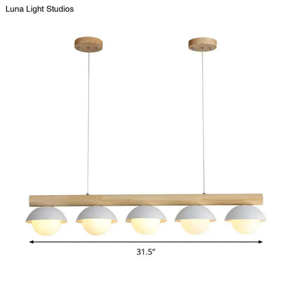 Modern minimalist ceiling lamp with natural wood bar and five matte gray dome shades tubular wood led island lighting