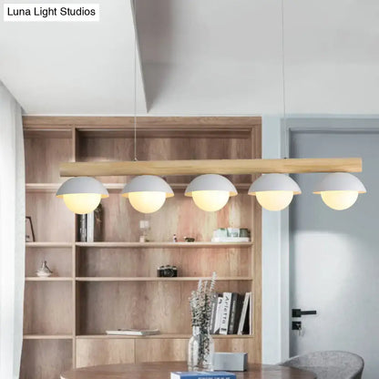 Decorbites modern ceiling lamp with five matte white dome shades and tubular wood led island lighting bar