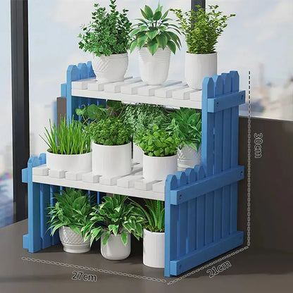 Decorbites modern bamboo blue and white two-tier plant display stand with picket fence design for indoor plant display