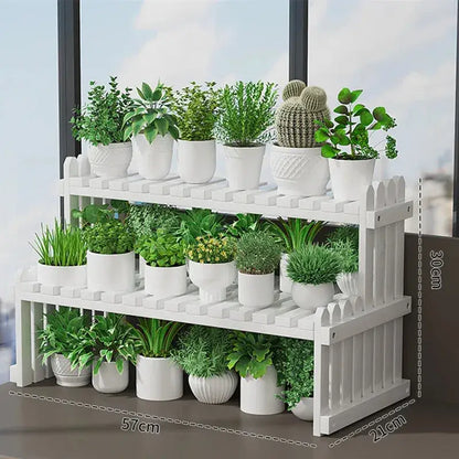 Decorbites modern bamboo white picket fence 3-tier plant display stand for indoor plant display and organization