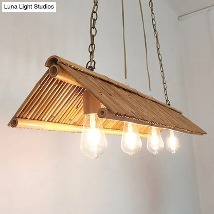 DecorBites modern bamboo pendant light with triangle roof design and four exposed bulbs wood light fixture